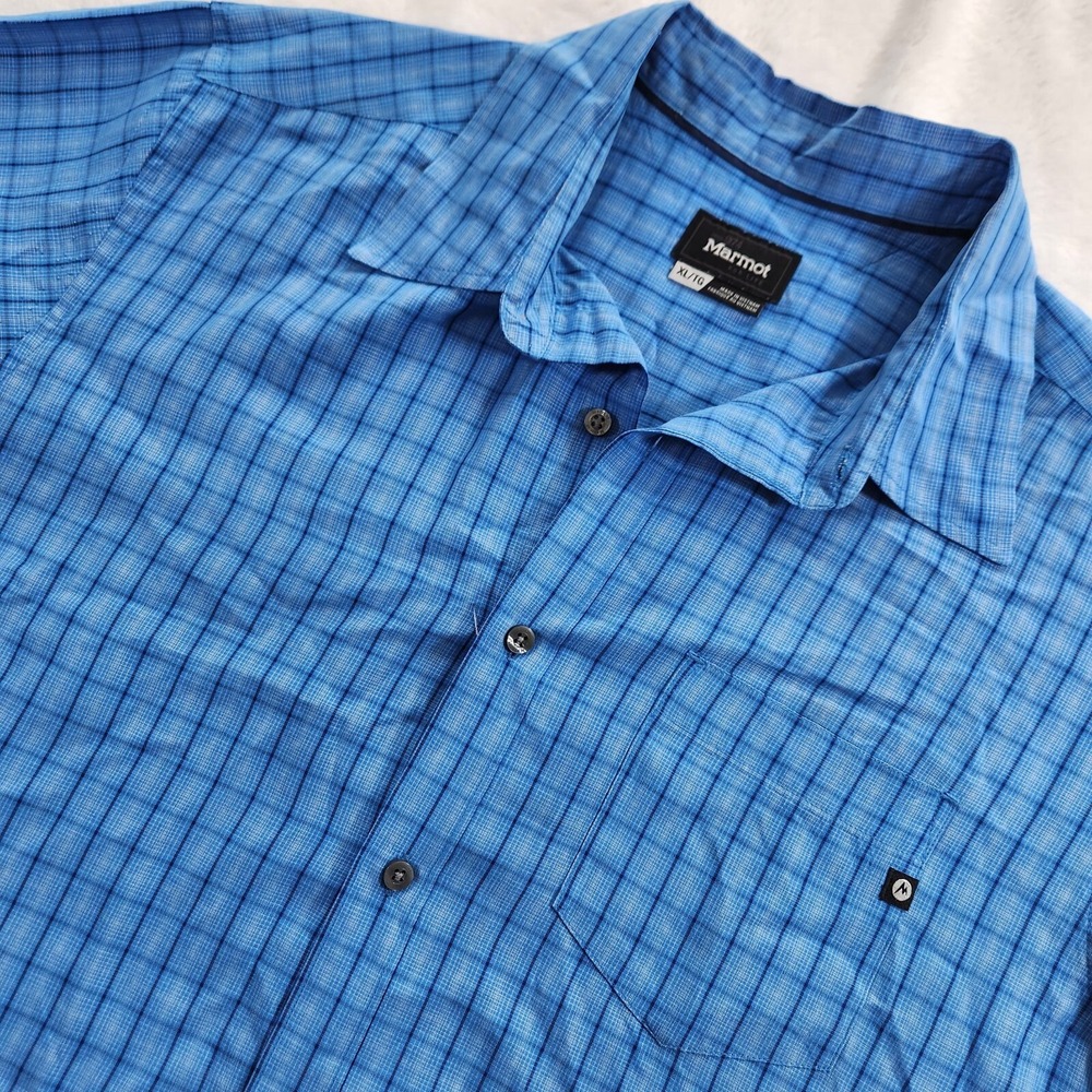 Marmot checkered blue Button Down Shirt Short Sleeve Men's sz XL hiking outdoors